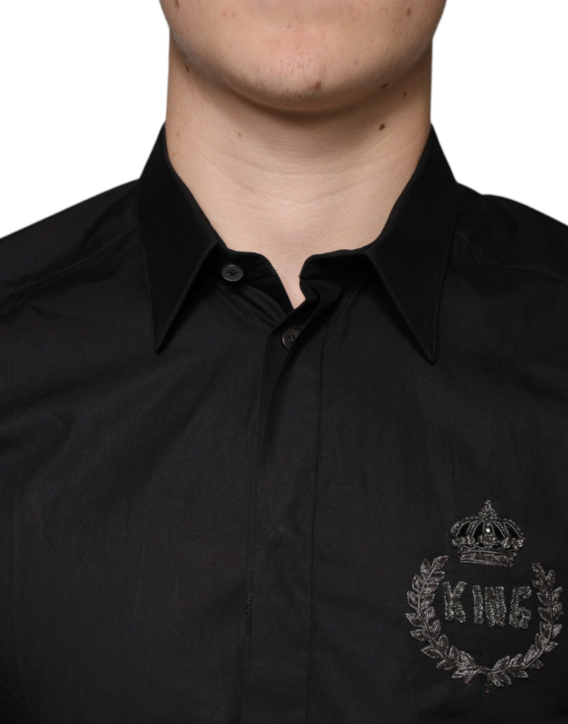 Black King Crown Embroidered GOLD Dress Shirt Dolce & Gabbana