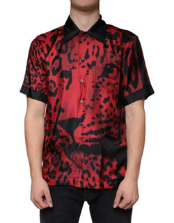 Red Leopard Silk Button Down Casual Shirt Dolce & Gabbana