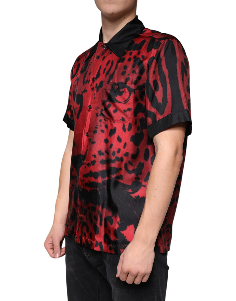 Red Leopard Silk Button Down Casual Shirt Dolce & Gabbana