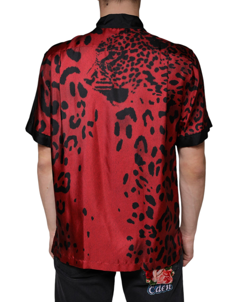 Red Leopard Silk Button Down Casual Shirt Dolce & Gabbana