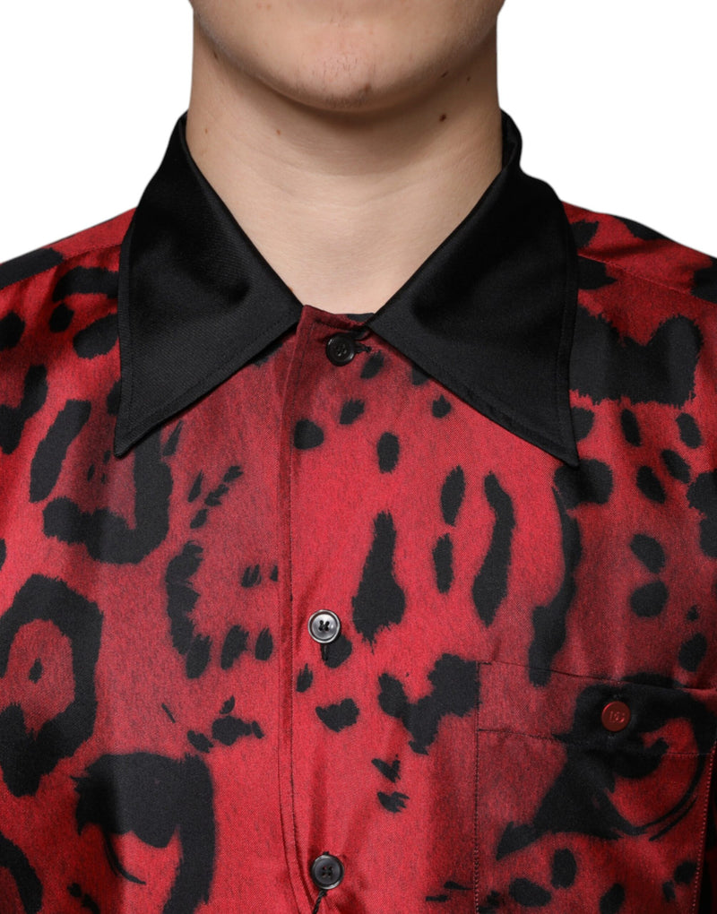 Red Leopard Silk Button Down Casual Shirt Dolce & Gabbana