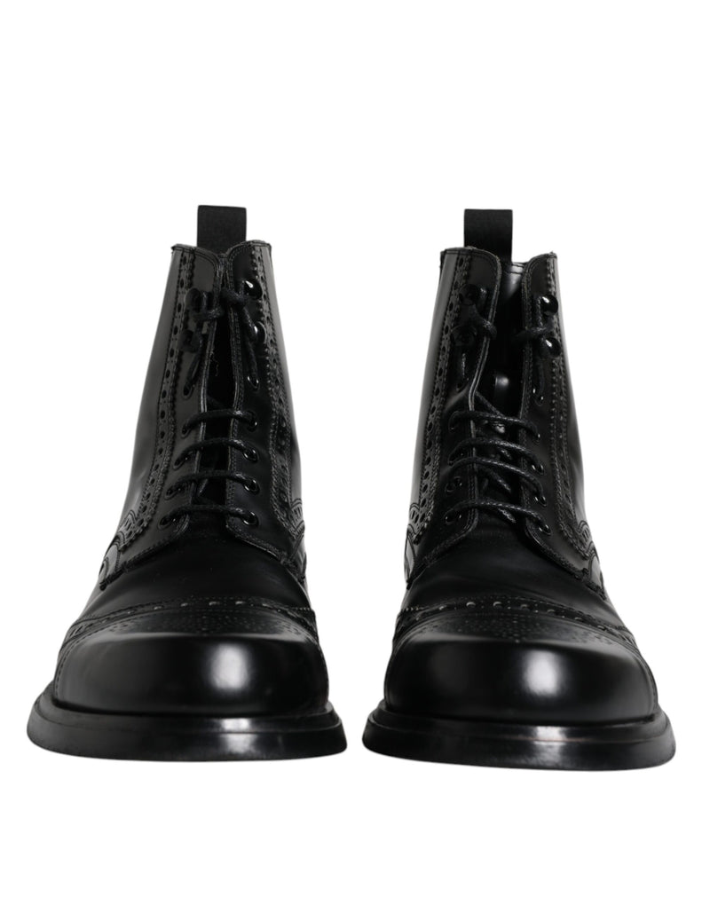 Black Leather Lace Up Mid Calf Boots Shoes Dolce & Gabbana