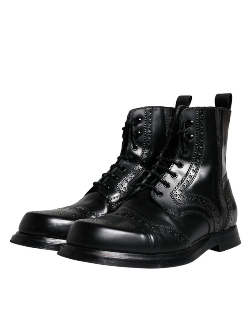 Black Leather Lace Up Mid Calf Boots Shoes Dolce & Gabbana