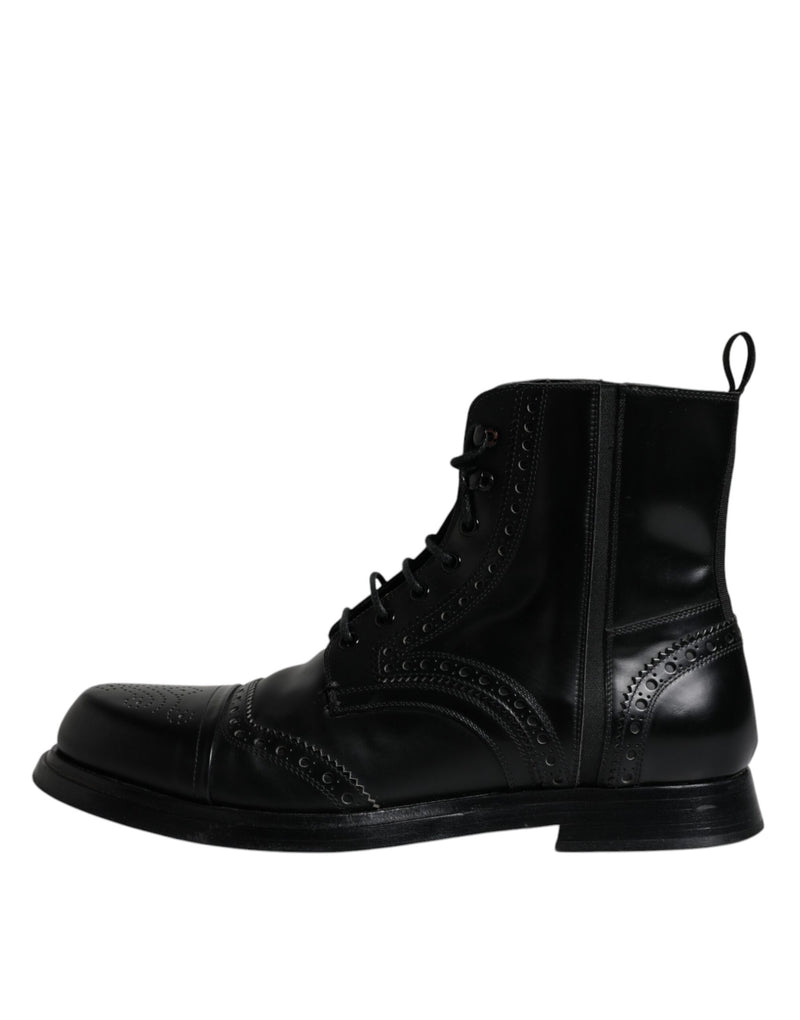 Black Leather Lace Up Mid Calf Boots Shoes Dolce & Gabbana