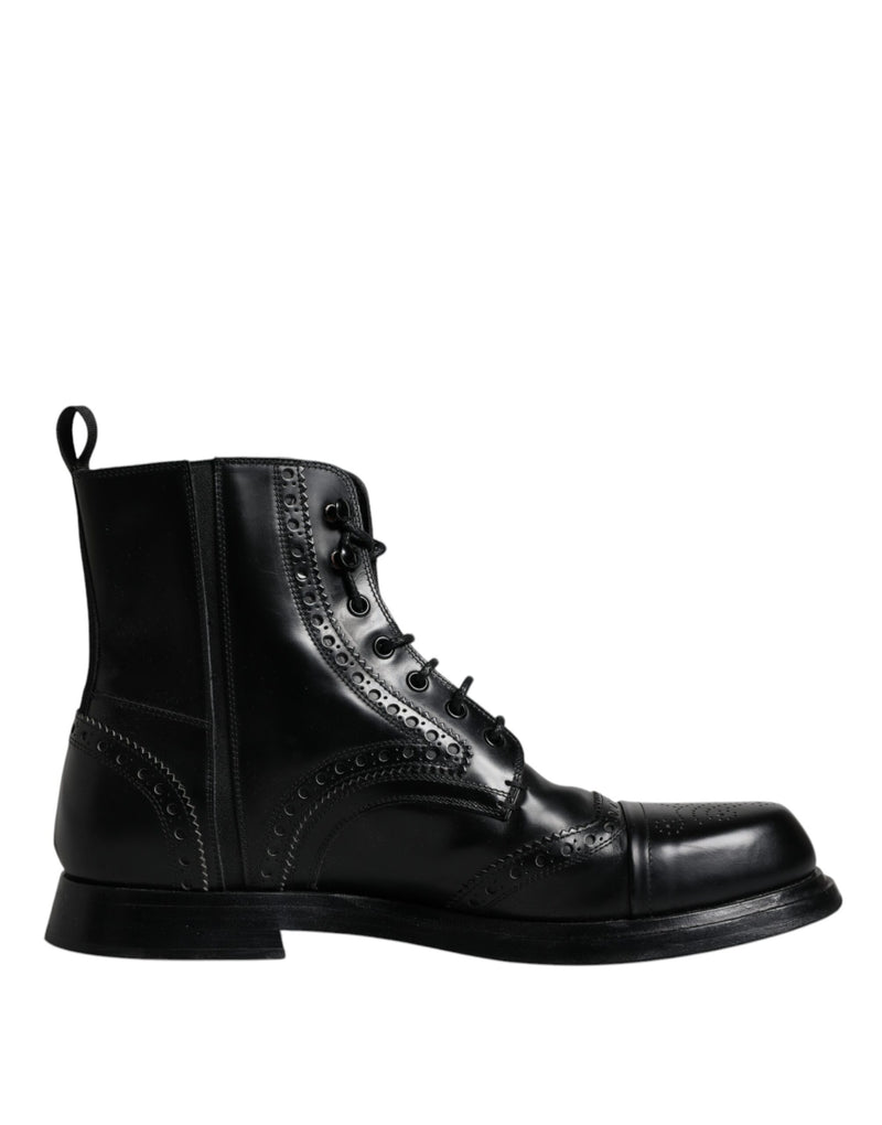 Black Leather Lace Up Mid Calf Boots Shoes Dolce & Gabbana