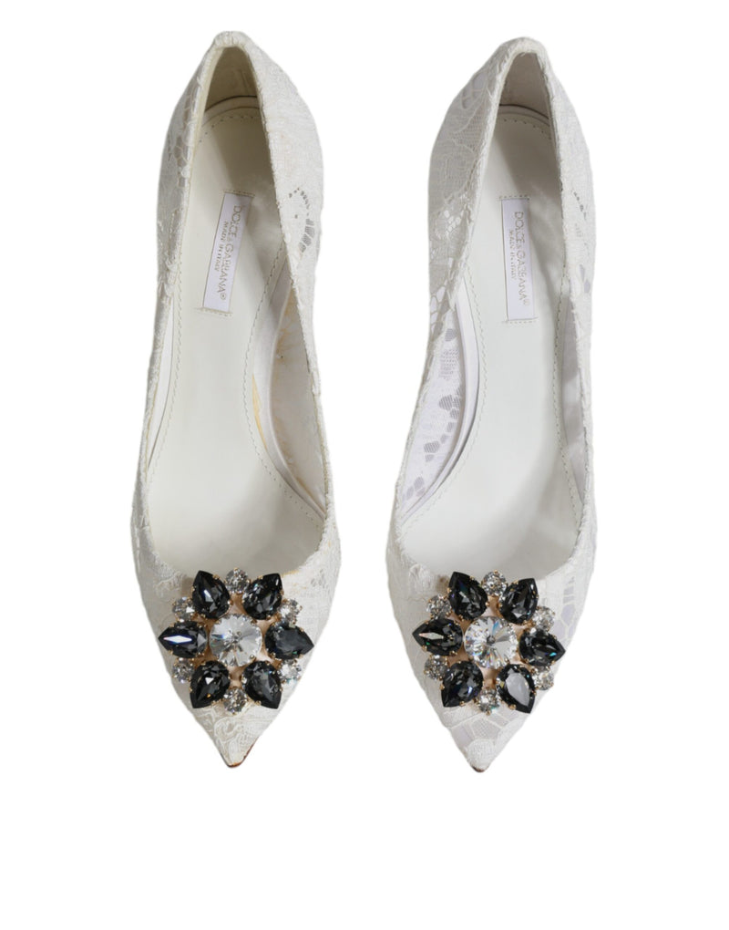 White Taormina Lace Crystal Heel Pumps Shoes Dolce & Gabbana