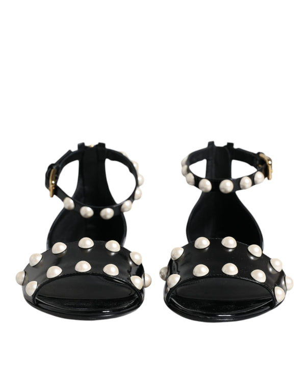 Black Leather Pearls Ankle Strap Sandals Shoes Dolce & Gabbana