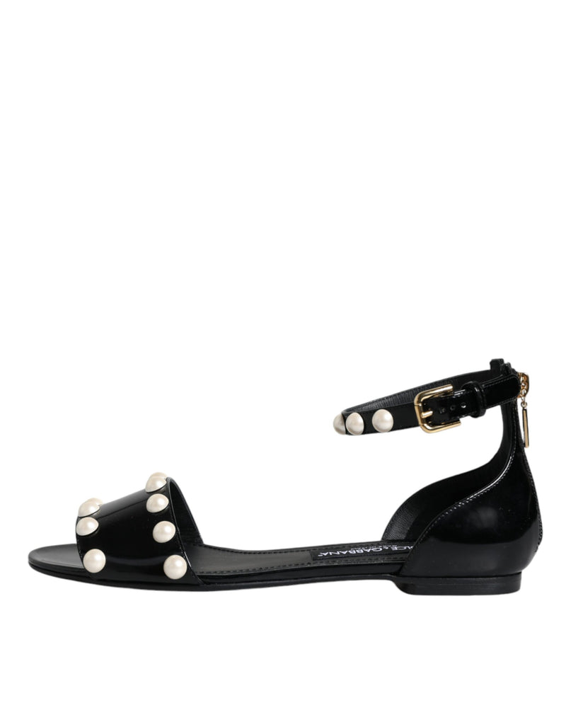 Black Leather Pearls Ankle Strap Sandals Shoes Dolce & Gabbana