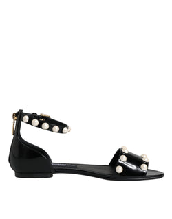 Black Leather Pearls Ankle Strap Sandals Shoes Dolce & Gabbana