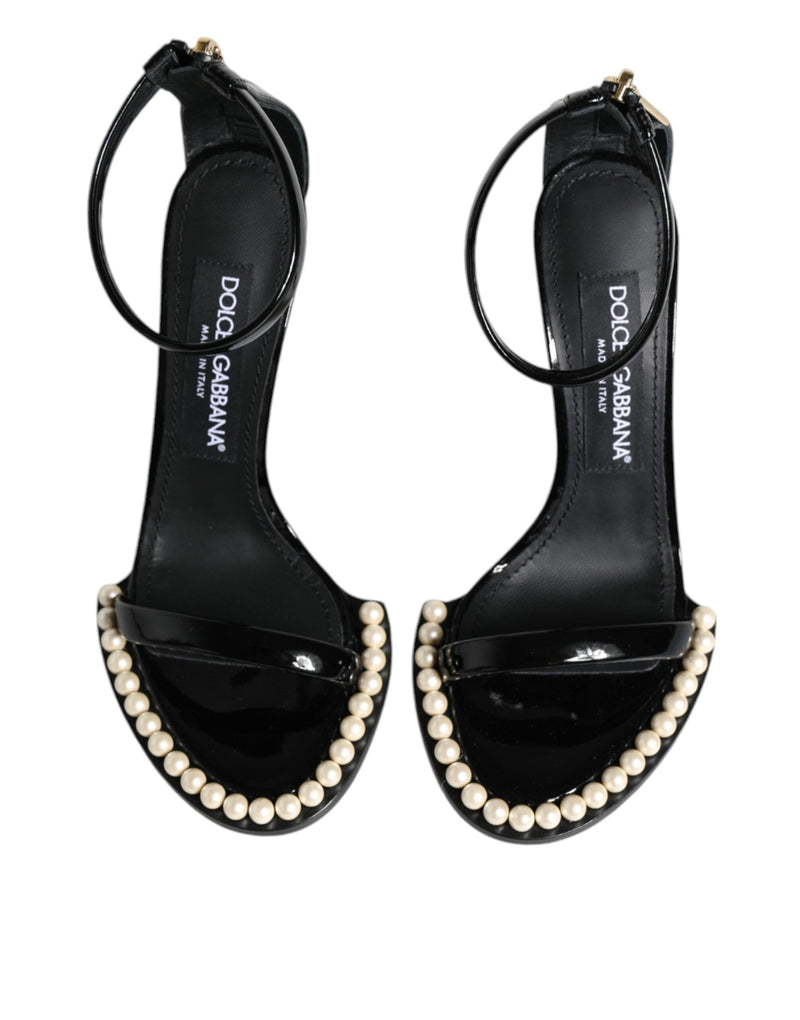 Black Keira Leather Faux Pearl Sandals Heels Shoes Dolce & Gabbana