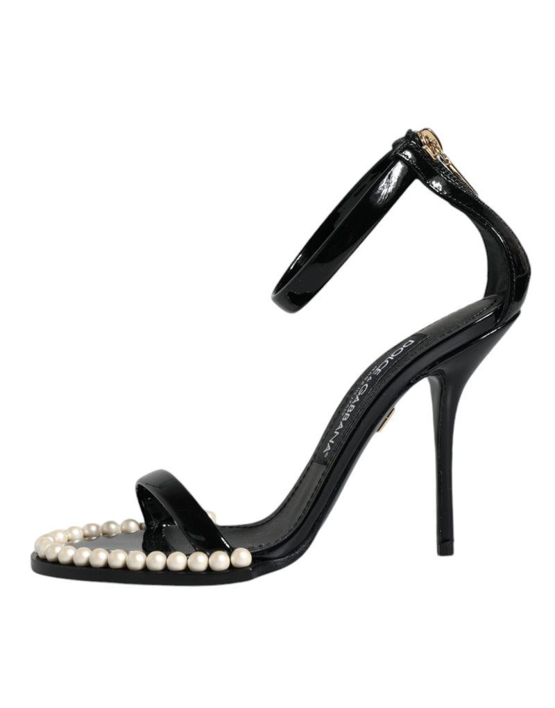 Black Keira Leather Faux Pearl Sandals Heels Shoes Dolce & Gabbana