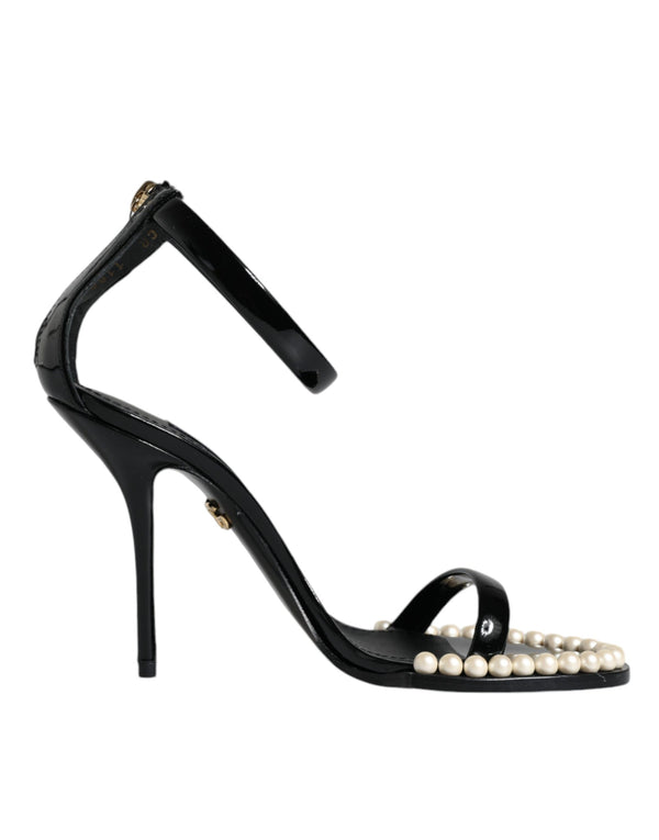 Black Keira Leather Faux Pearl Sandals Heels Shoes Dolce & Gabbana