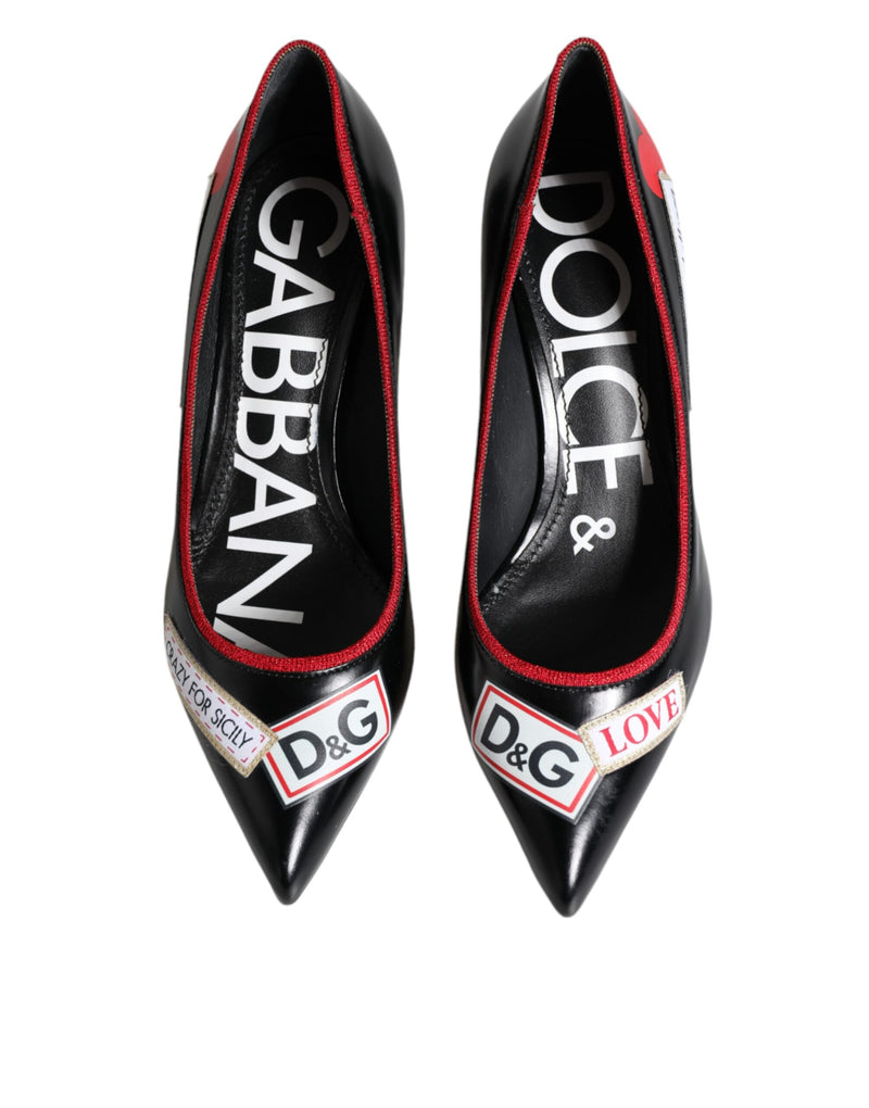 Black Leather Logo Print Heels Pumps Shoes Dolce & Gabbana