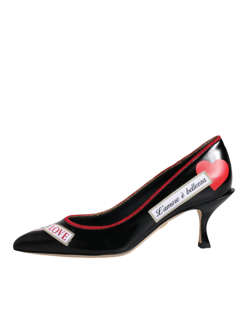 Black Leather Logo Print Heels Pumps Shoes Dolce & Gabbana