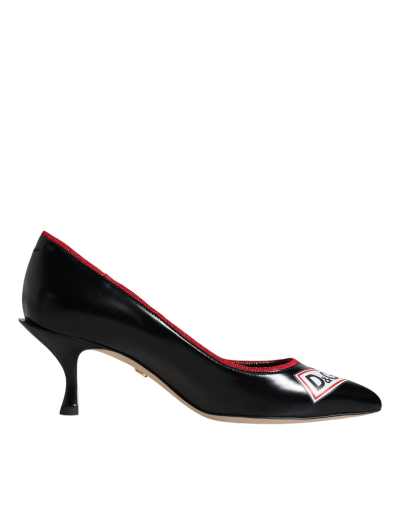 Black Leather Logo Print Heels Pumps Shoes Dolce & Gabbana