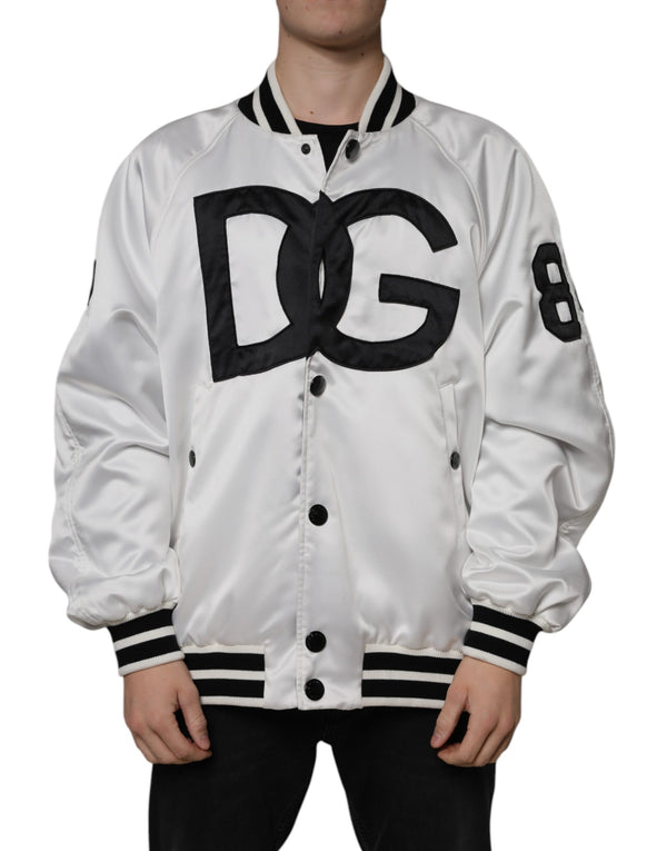 White Polyester Logo Full Zip Bomber Jacket Dolce & Gabbana