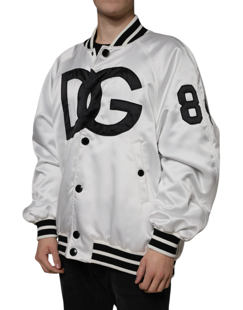 White Polyester Logo Full Zip Bomber Jacket Dolce & Gabbana