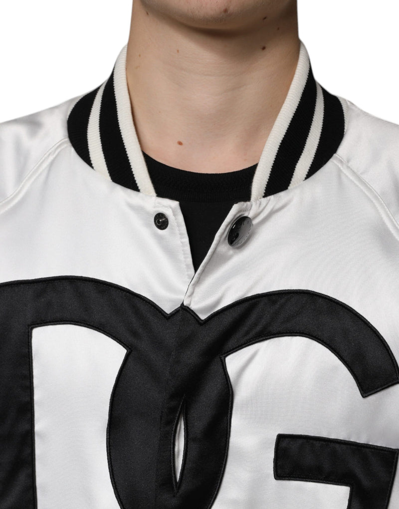 White Polyester Logo Full Zip Bomber Jacket Dolce & Gabbana