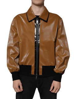 Brown Leather Full Zip Men Bomber Jacket Dolce & Gabbana