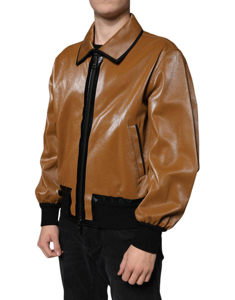 Brown Leather Full Zip Men Bomber Jacket Dolce & Gabbana