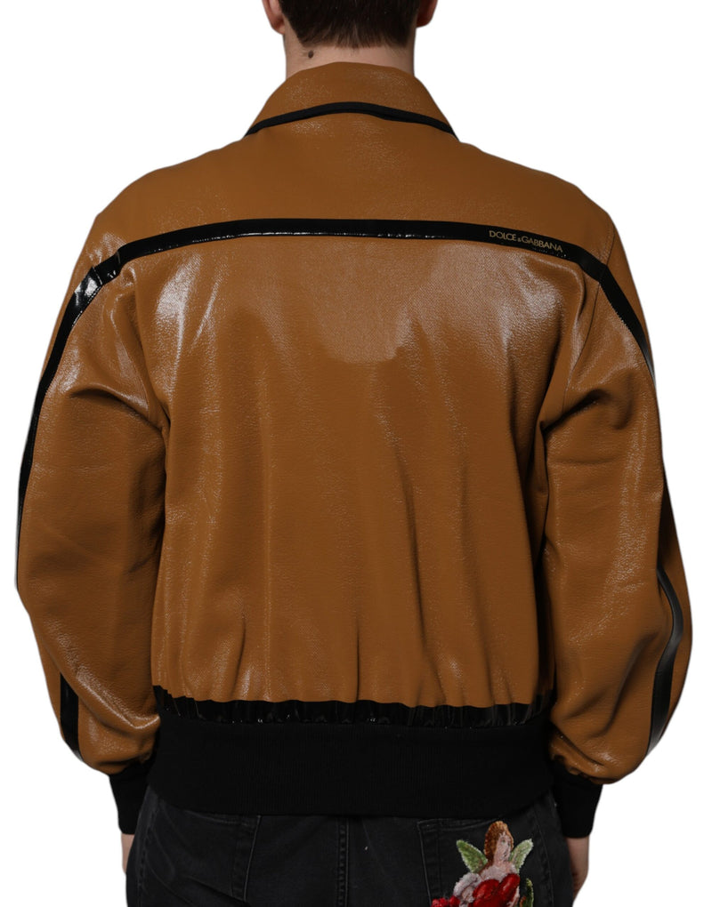 Brown Leather Full Zip Men Bomber Jacket Dolce & Gabbana