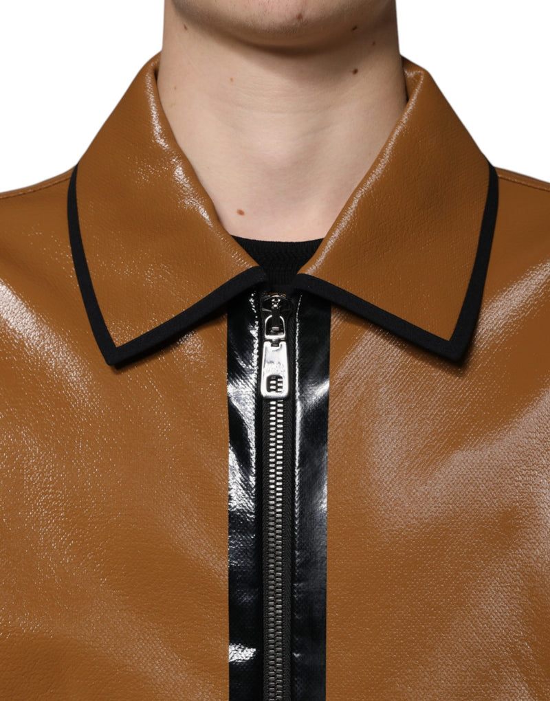 Brown Leather Full Zip Men Bomber Jacket Dolce & Gabbana