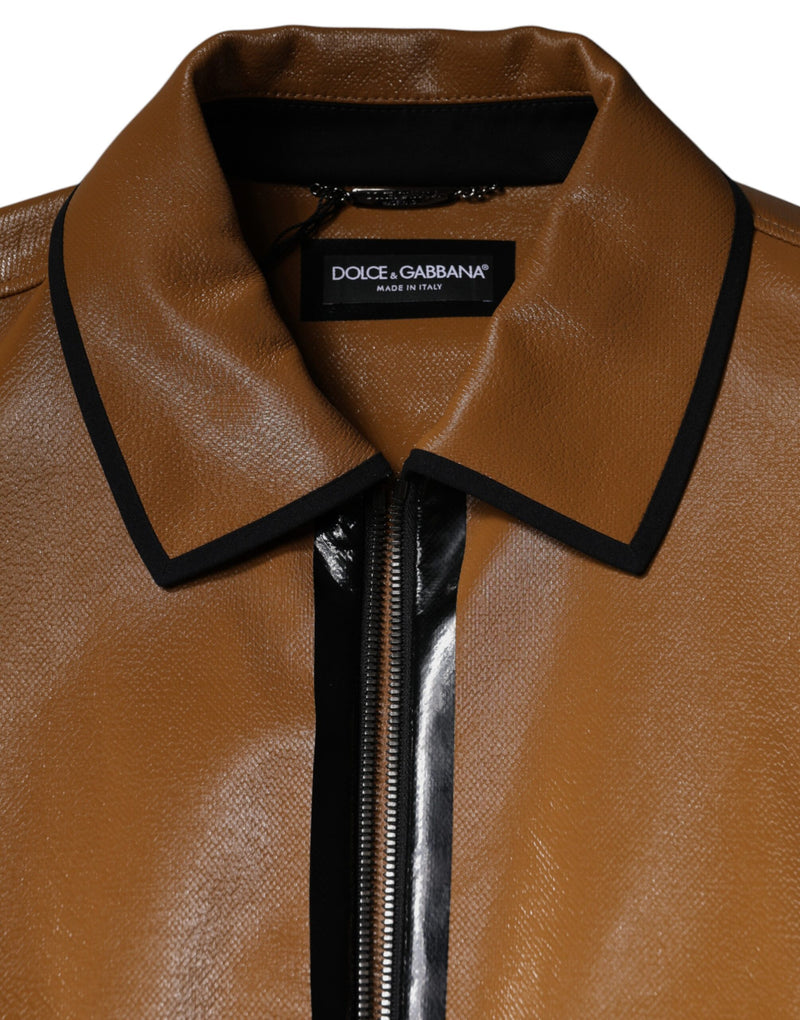 Brown Leather Full Zip Men Bomber Jacket Dolce & Gabbana