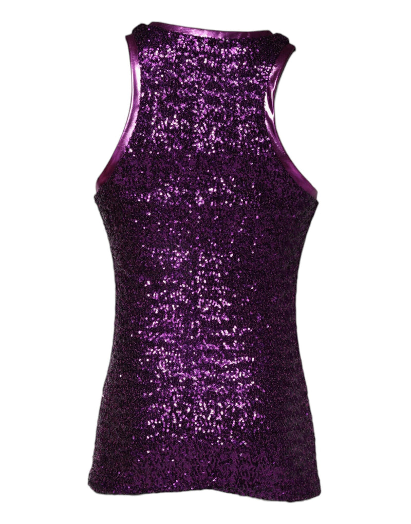 Purple Sequin Round Neck Sleeveless T-shirt Dolce & Gabbana