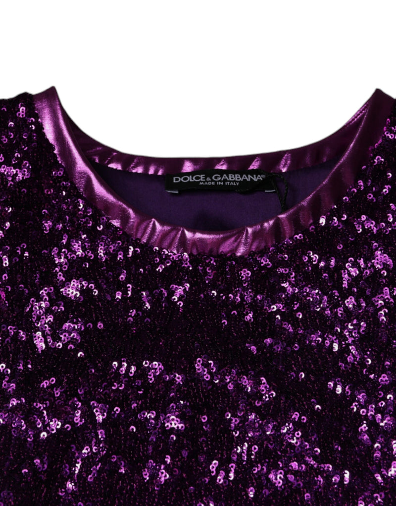 Purple Sequin Round Neck Sleeveless T-shirt Dolce & Gabbana