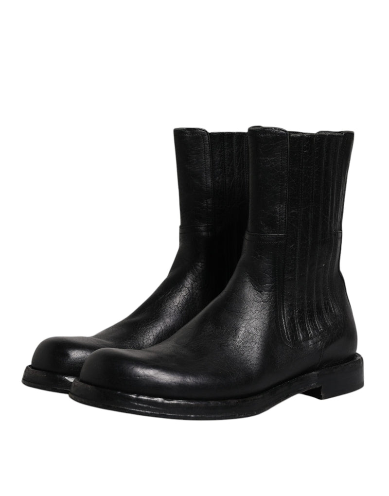 Black Horse Leather Mid Calf Boots Shoes Dolce & Gabbana