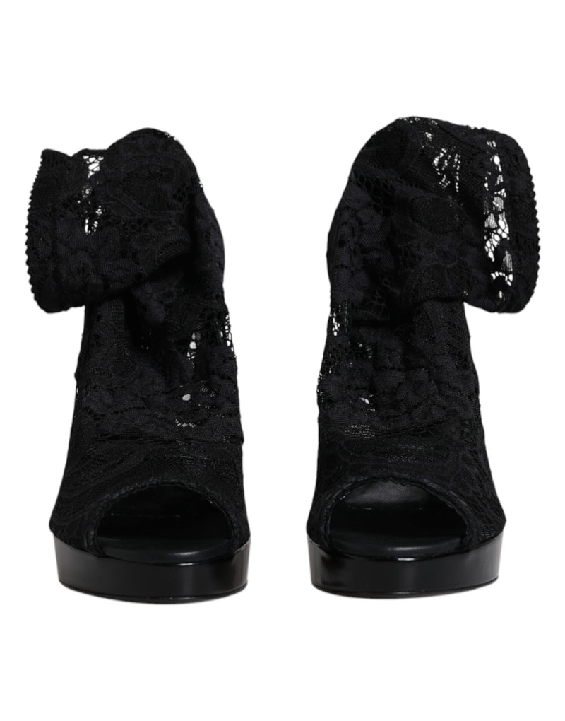 Black Stretch Taormina Lace Boots Shoes Dolce & Gabbana