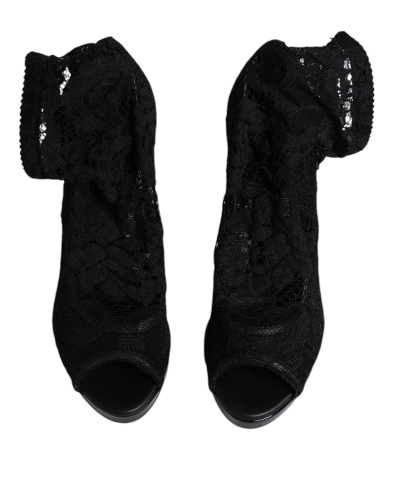 Black Stretch Taormina Lace Boots Shoes Dolce & Gabbana