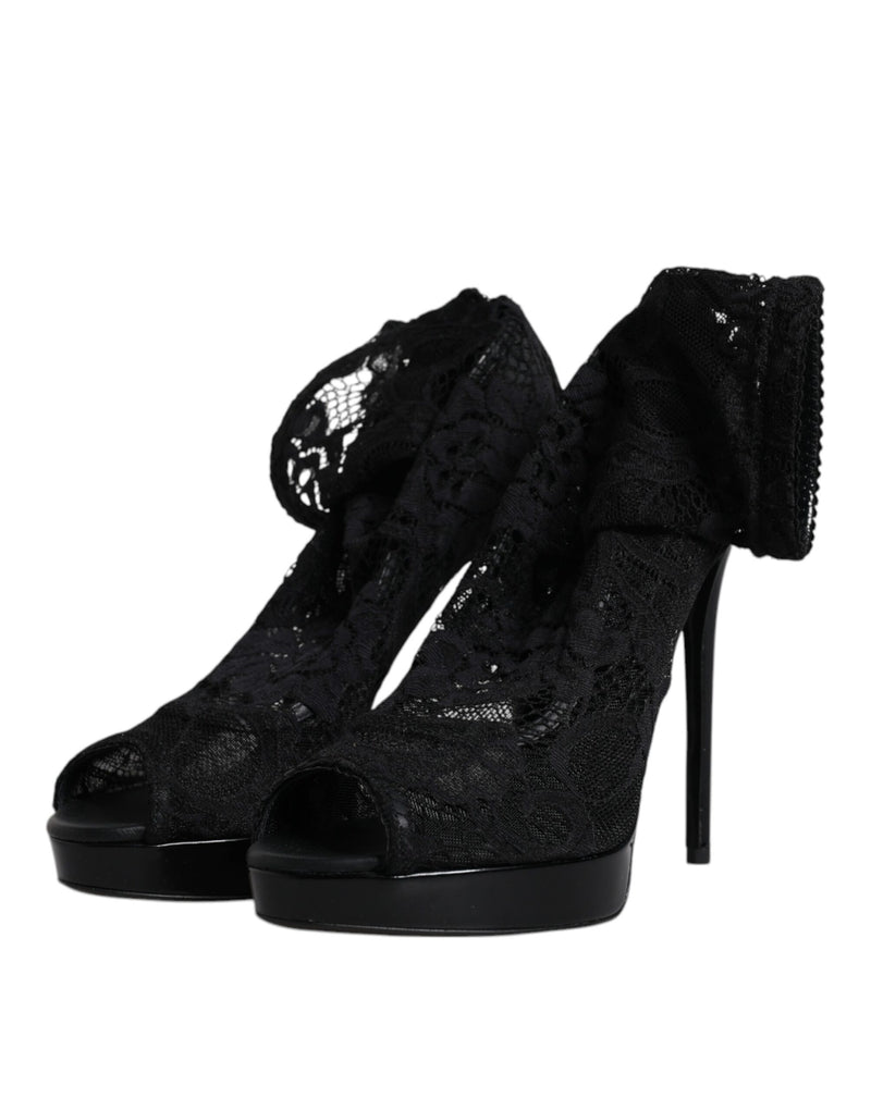 Black Stretch Taormina Lace Boots Shoes Dolce & Gabbana