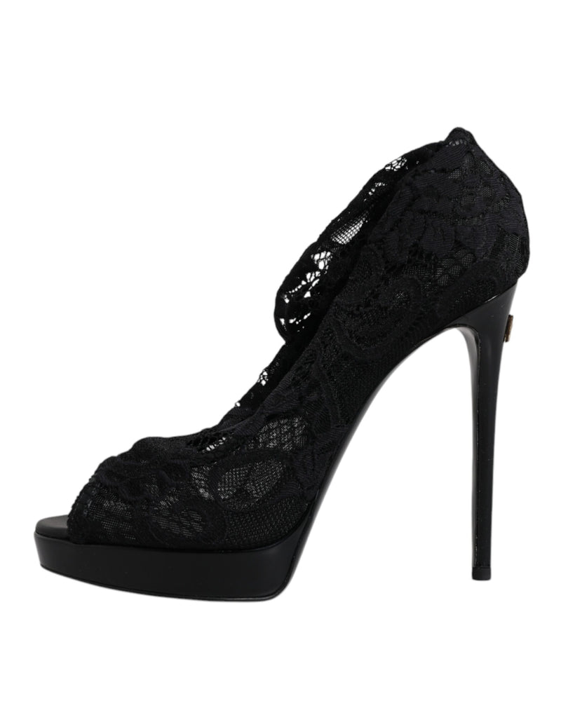 Black Stretch Taormina Lace Boots Shoes Dolce & Gabbana