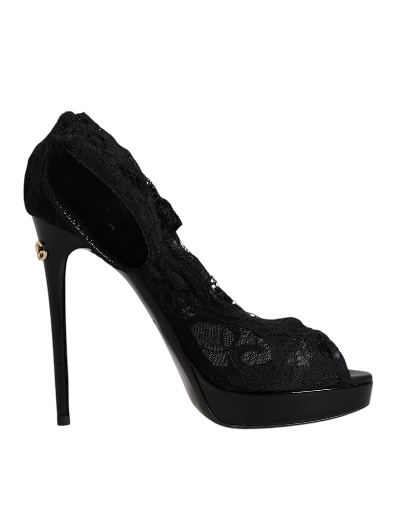 Black Stretch Taormina Lace Boots Shoes Dolce & Gabbana