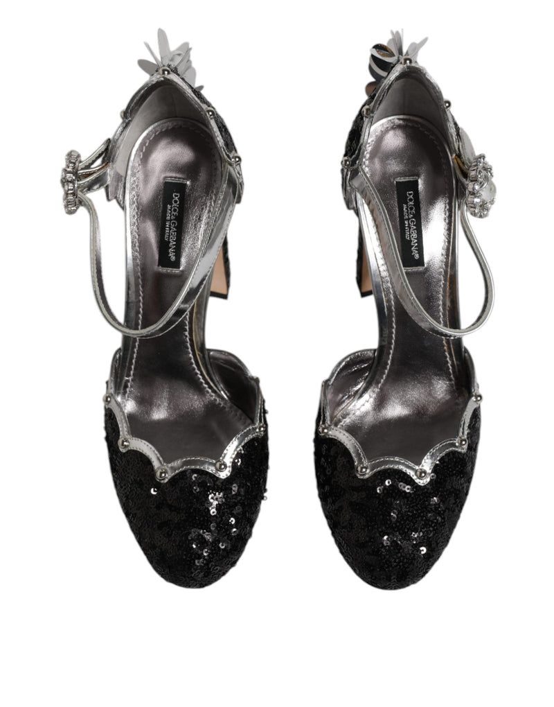 Black Silver Sequin Ankle Strap Sandals Shoes Dolce & Gabbana