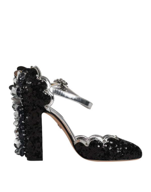 Black Silver Sequin Ankle Strap Sandals Shoes Dolce & Gabbana