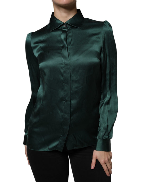 Dark Green Silk Button Down Long Sleeves Blouse Top Dolce & Gabbana