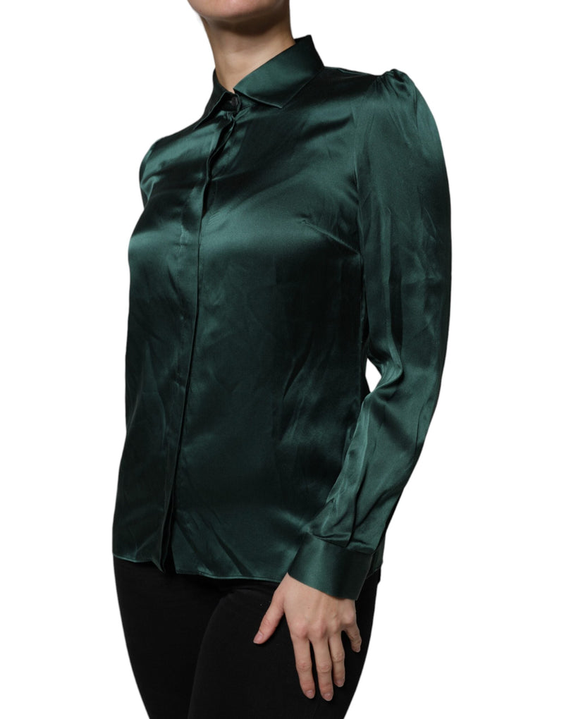 Dark Green Silk Button Down Long Sleeves Blouse Top Dolce & Gabbana