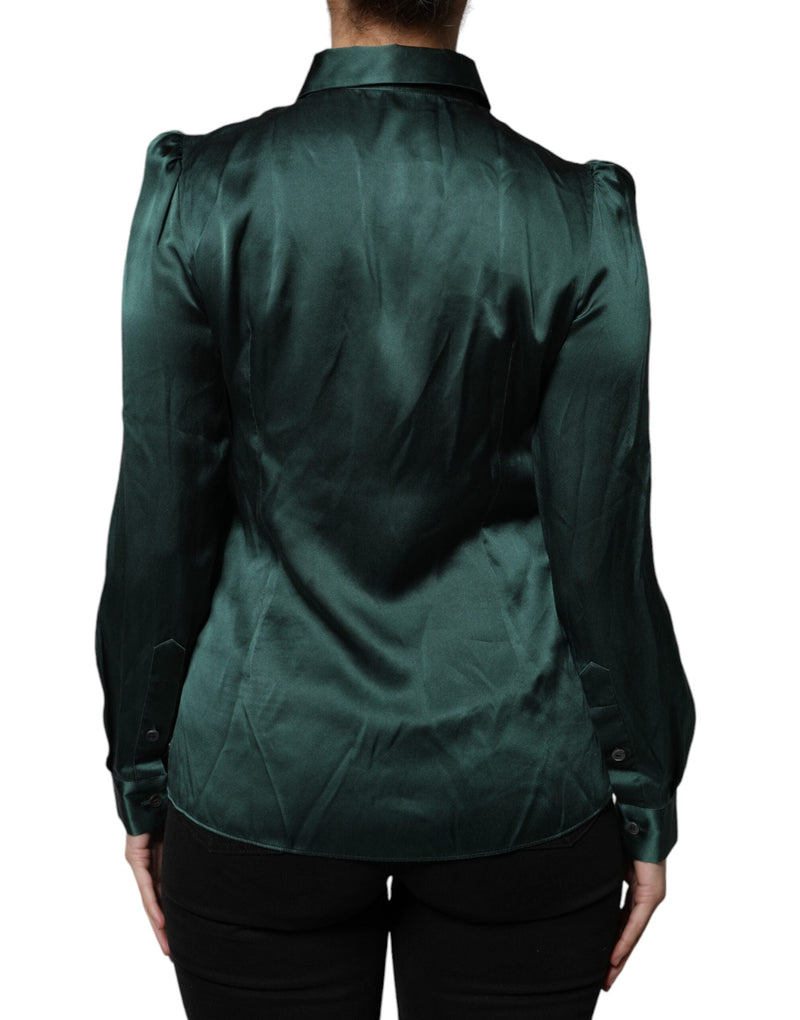 Dark Green Silk Button Down Long Sleeves Blouse Top Dolce & Gabbana