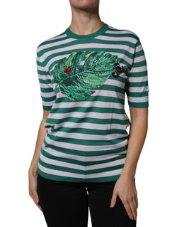 White Green Stripe Leaf Crew Neck T-shirt Dolce & Gabbana