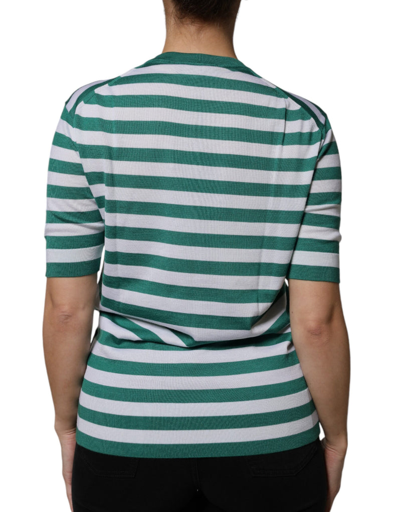 White Green Stripe Leaf Crew Neck T-shirt Dolce & Gabbana