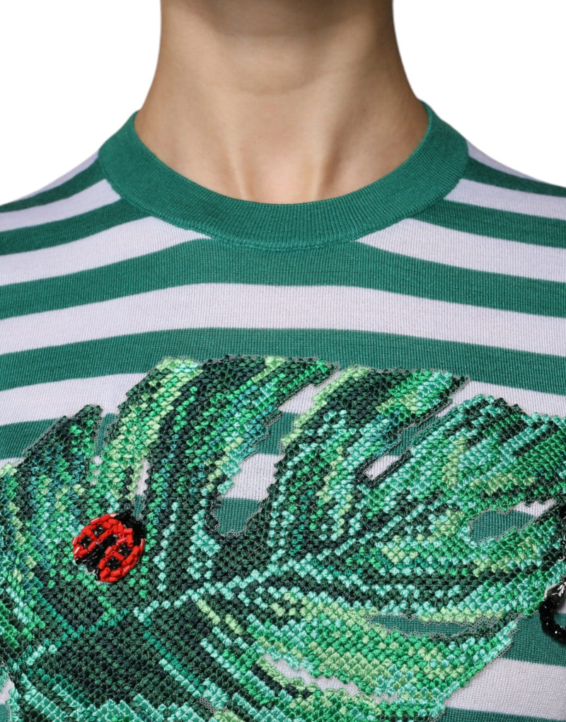 White Green Stripe Leaf Crew Neck T-shirt Dolce & Gabbana