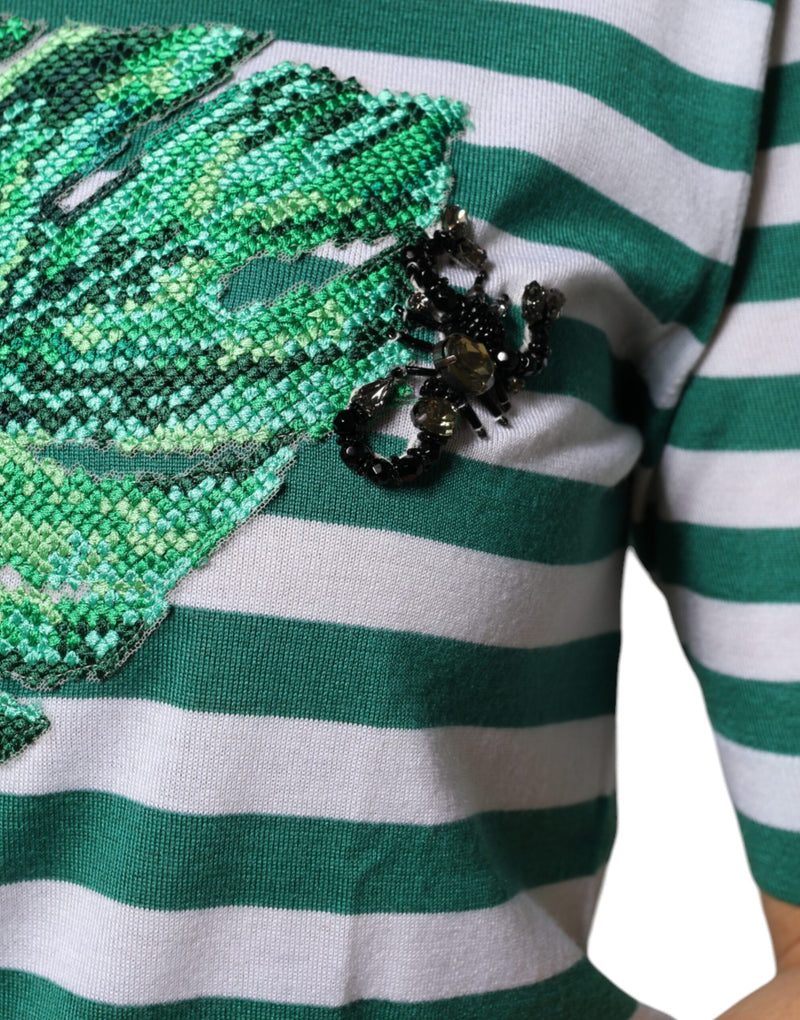 White Green Stripe Leaf Crew Neck T-shirt Dolce & Gabbana