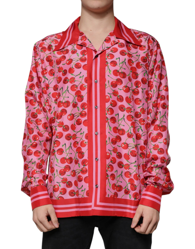 Pink Cherry Silk Button Down Casual Shirt Dolce & Gabbana