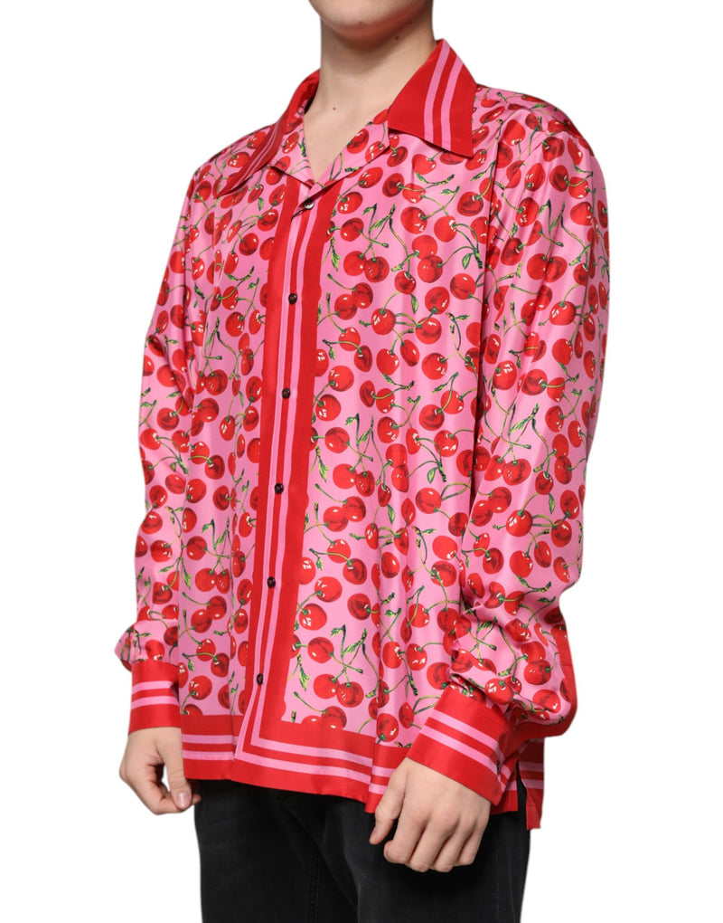 Pink Cherry Silk Button Down Casual Shirt Dolce & Gabbana