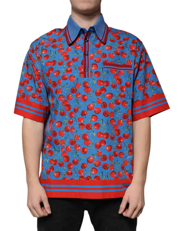 Blue Cherry Cotton Collared Men Polo T-shirt Dolce & Gabbana