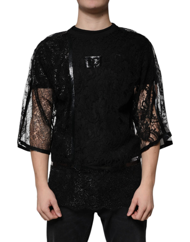 Black Nylon Floral Lace Crew Neck T-shirt Dolce & Gabbana