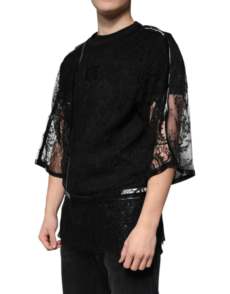 Black Nylon Floral Lace Crew Neck T-shirt Dolce & Gabbana