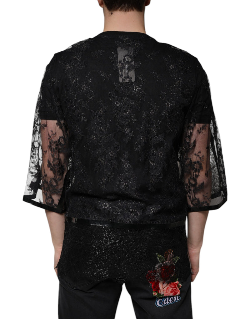 Black Nylon Floral Lace Crew Neck T-shirt Dolce & Gabbana